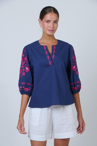 Namastai - Embroidered Sleeve Cotton Top-Ink
