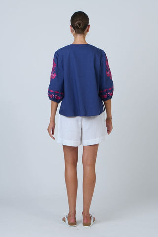 Namastai - Embroidered Sleeve Cotton Top-Ink