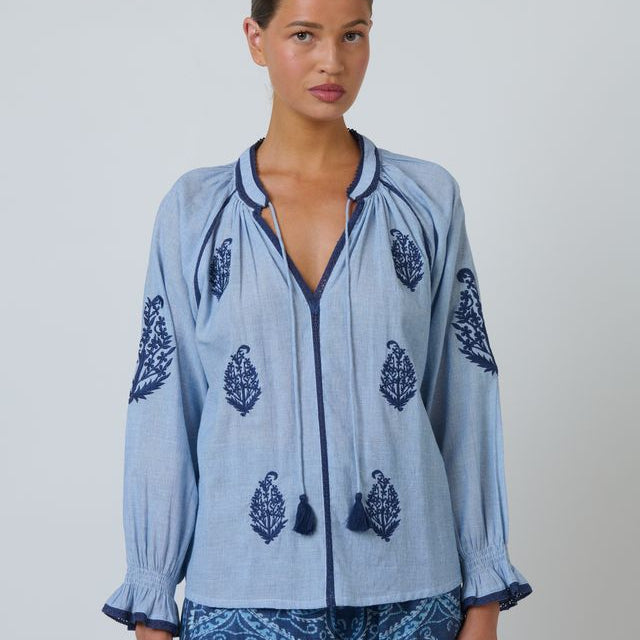Namastai - Breeze Embroidered Cotton Blouse - Blue