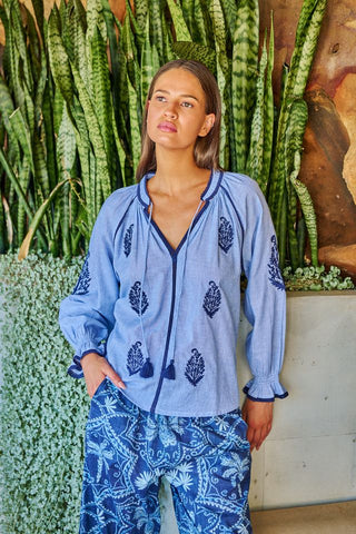 Namastai - Breeze Embroidered Cotton Blouse - Blue