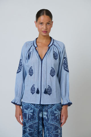 Namastai - Breeze Embroidered Cotton Blouse - Blue