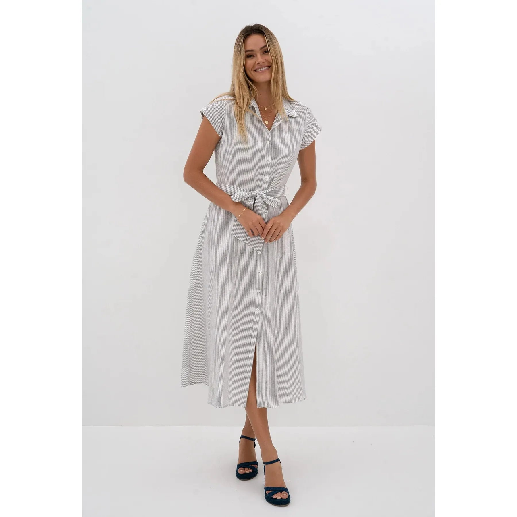 Humidity - Dayna Linen Shirt Dress Navy Stripe