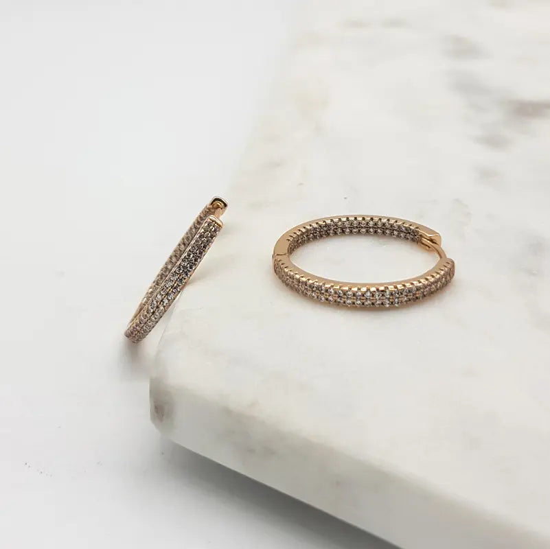 Chrysalini - Fine Double Row CZ Hoop Earrings-Gold Finish