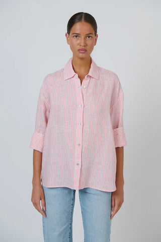 enveloppe - Linen Boyfriend Shirt- Rayure Corail