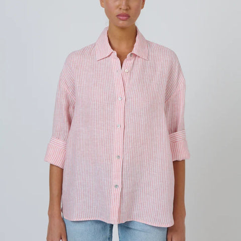 enveloppe - Linen Boyfriend Shirt- Rayure Corail