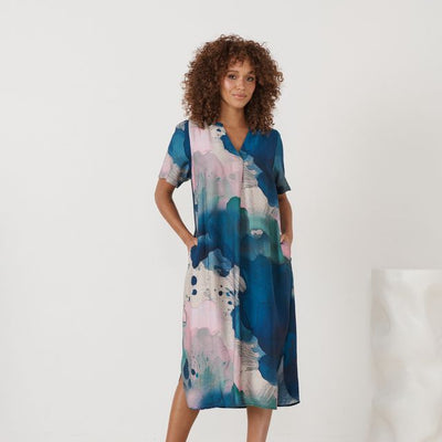 Florencia Phils - Single Pleat Dress with Scoop Hem - Abstract Blue