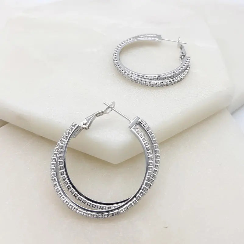 Chrysalini - Fine Intertwined CZ Hoop Earrings-Rhodium Finish