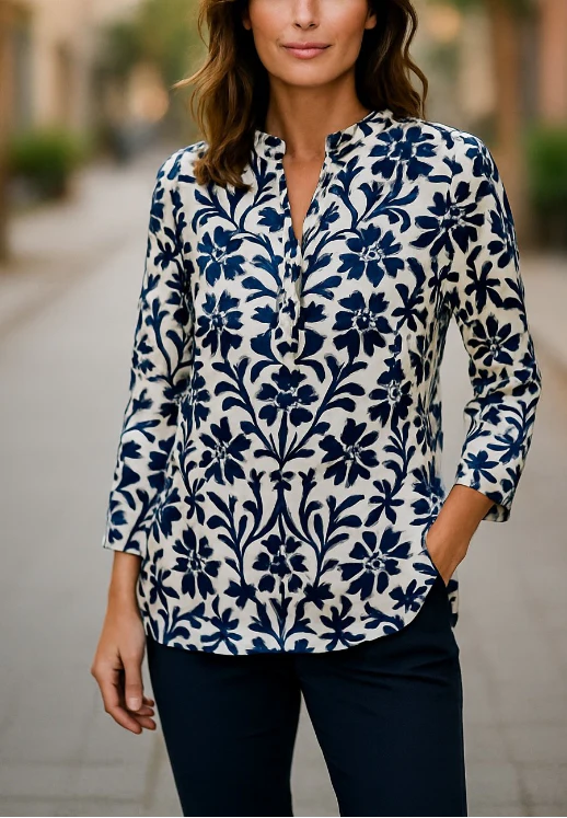 Equinox - Floral Print Tunic Shirt-Ivory/ Navy