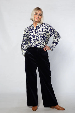 Equinox - Floral Print Tunic Shirt-Ivory/ Navy