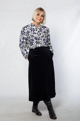 Equinox - Floral Print Tunic Shirt-Ivory/ Navy
