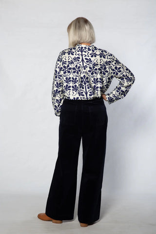 Equinox - Floral Print Tunic Shirt-Ivory/ Navy