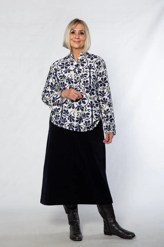 Equinox - Floral Print Tunic Shirt-Ivory/ Navy