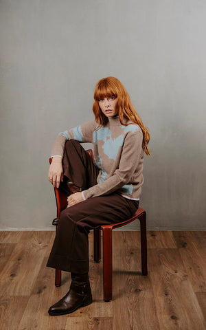 Bridge & Lord - Flower Silhouette Jacquard Pullover-Cobblestone/ Aqua