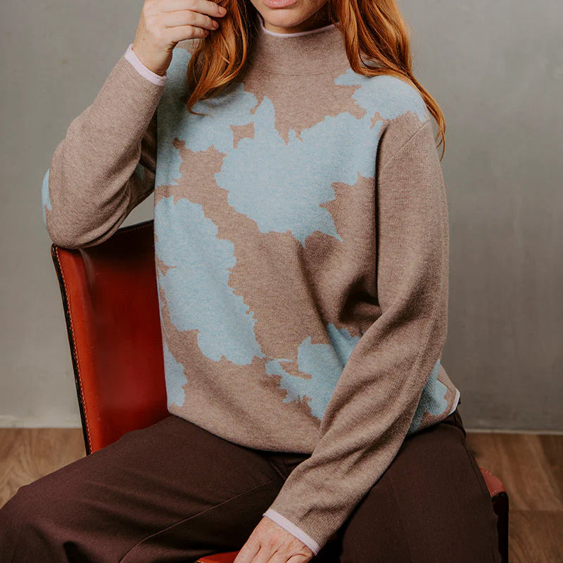 Bridge & Lord - Flower Silhouette Jacquard Pullover-Cobblestone/ Aqua
