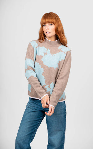 Bridge & Lord - Flower Silhouette Jacquard Pullover-Cobblestone/ Aqua