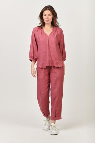 Naturals by O&J - Notched Neck Linen Top Rhubarb