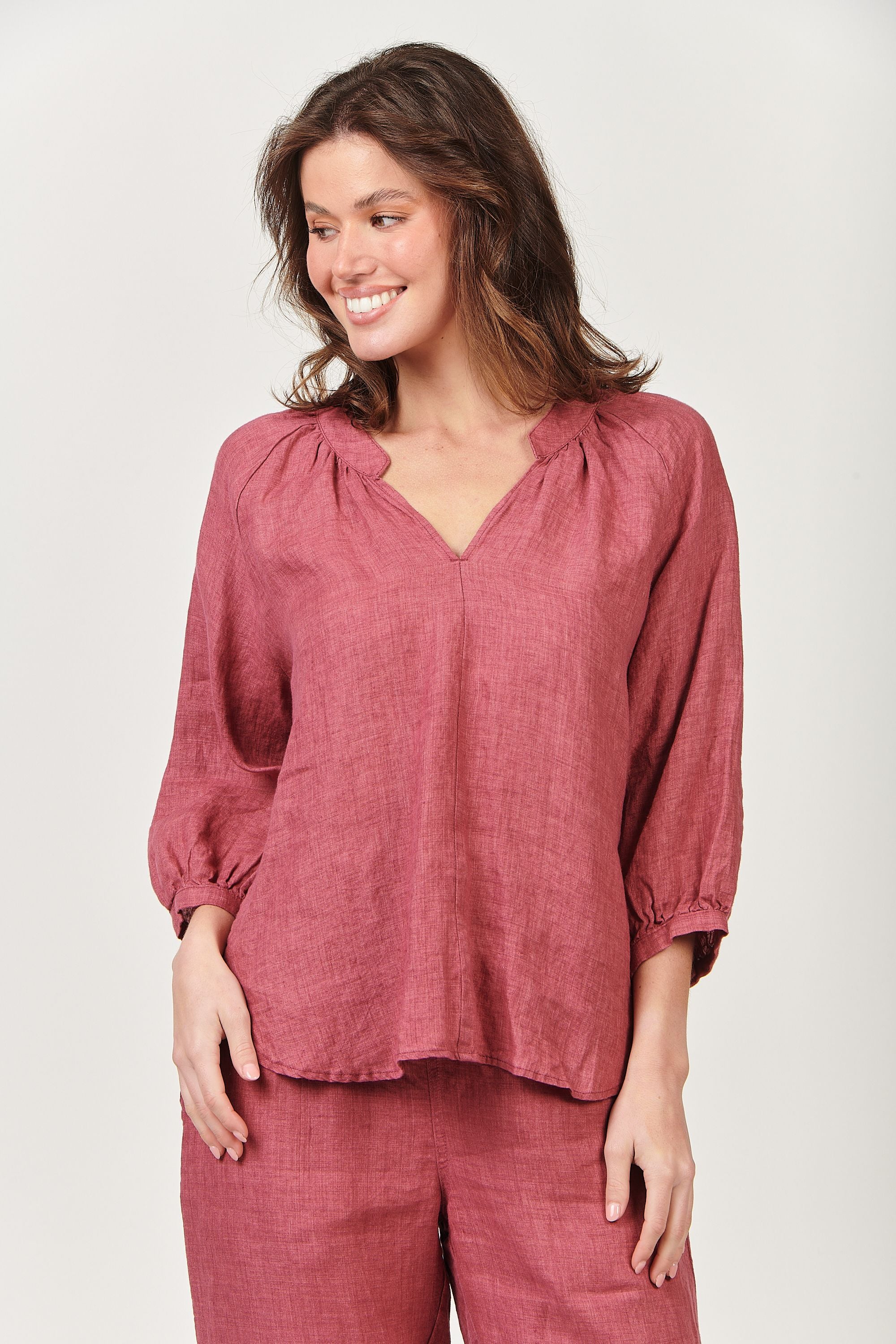 Naturals by O&J - Notched Neck Linen Top Rhubarb