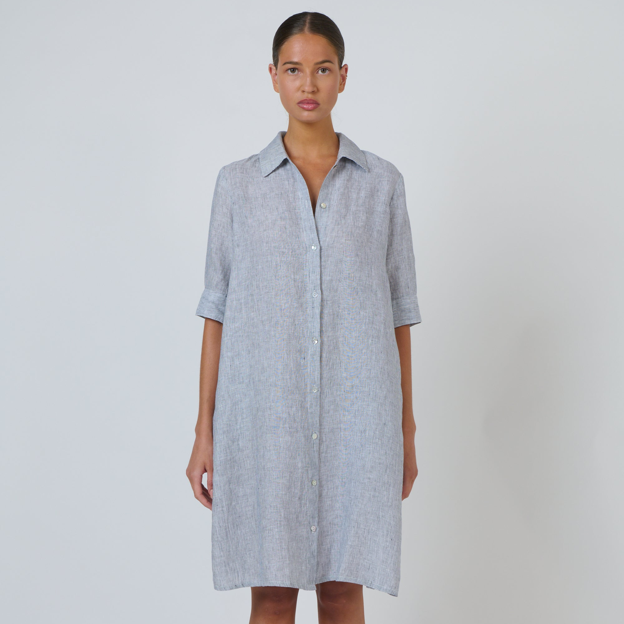 Naturals by O&J - Short Sleeve Linen Shirt Dress - Sliver