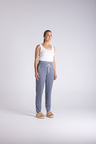 Two T's -Gingham Panelled Pant-Navy/ White