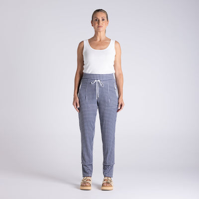 Two T's -Gingham Panelled Pant-Navy/ White