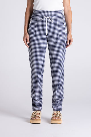 Two T's -Gingham Panelled Pant-Navy/ White