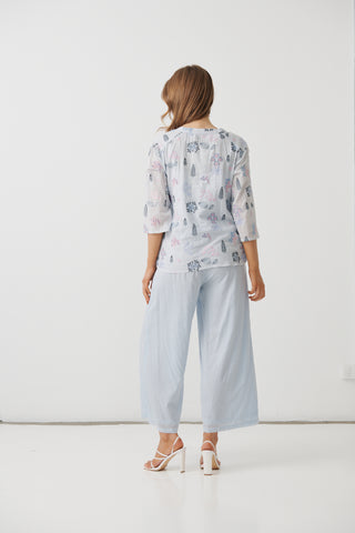 Holmes & Fallon - V Neck Embroidered Top -  Blue