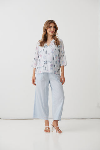 Holmes & Fallon - V Neck Embroidered Top -  Blue