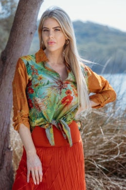 Cienna - Contrast Sleeve Print Shirt-Hanae