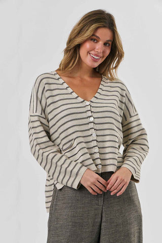 Naturals by O&J - Cotton Stripe Cardigan-Hessian