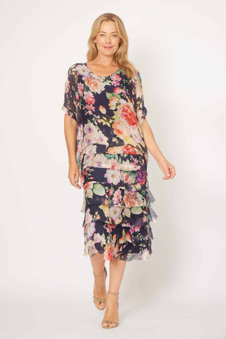 La Strada - Silk/Viscose Multi Layer Dress - Navy/Pink Floral