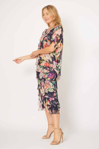 La Strada - Silk/Viscose Multi Layer Dress - Navy/Pink Floral
