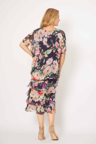 La Strada - Silk/Viscose Multi Layer Dress - Navy/Pink Floral