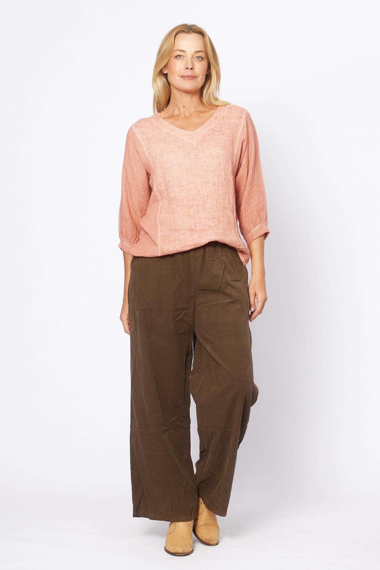 La Strada - Linen Mesh Panel V Neck Top - Pepe Rosa