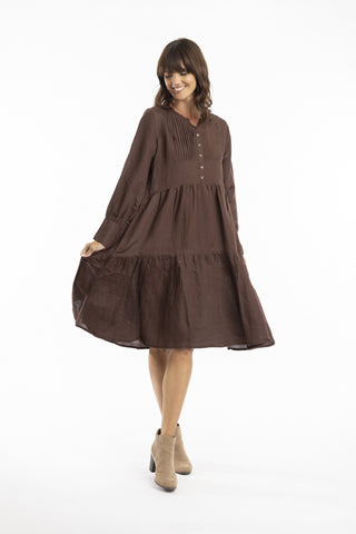 Escape by OQ - Pleat Yoke Linen Dress-Coffee