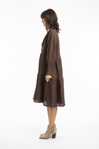 Escape by OQ - Pleat Yoke Linen Dress-Coffee