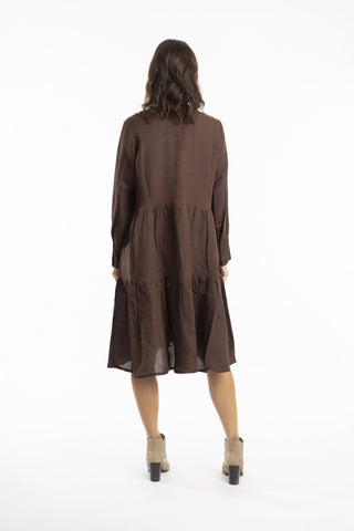 Escape by OQ - Pleat Yoke Linen Dress-Coffee