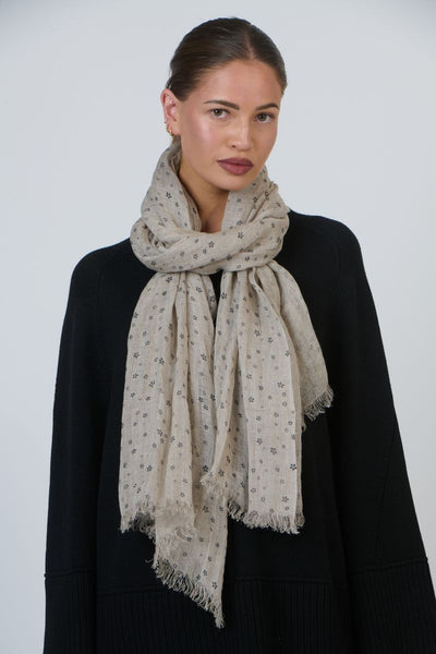 Naturals by O&J - Pure Linen Natural Scarf-Charcoal Flower