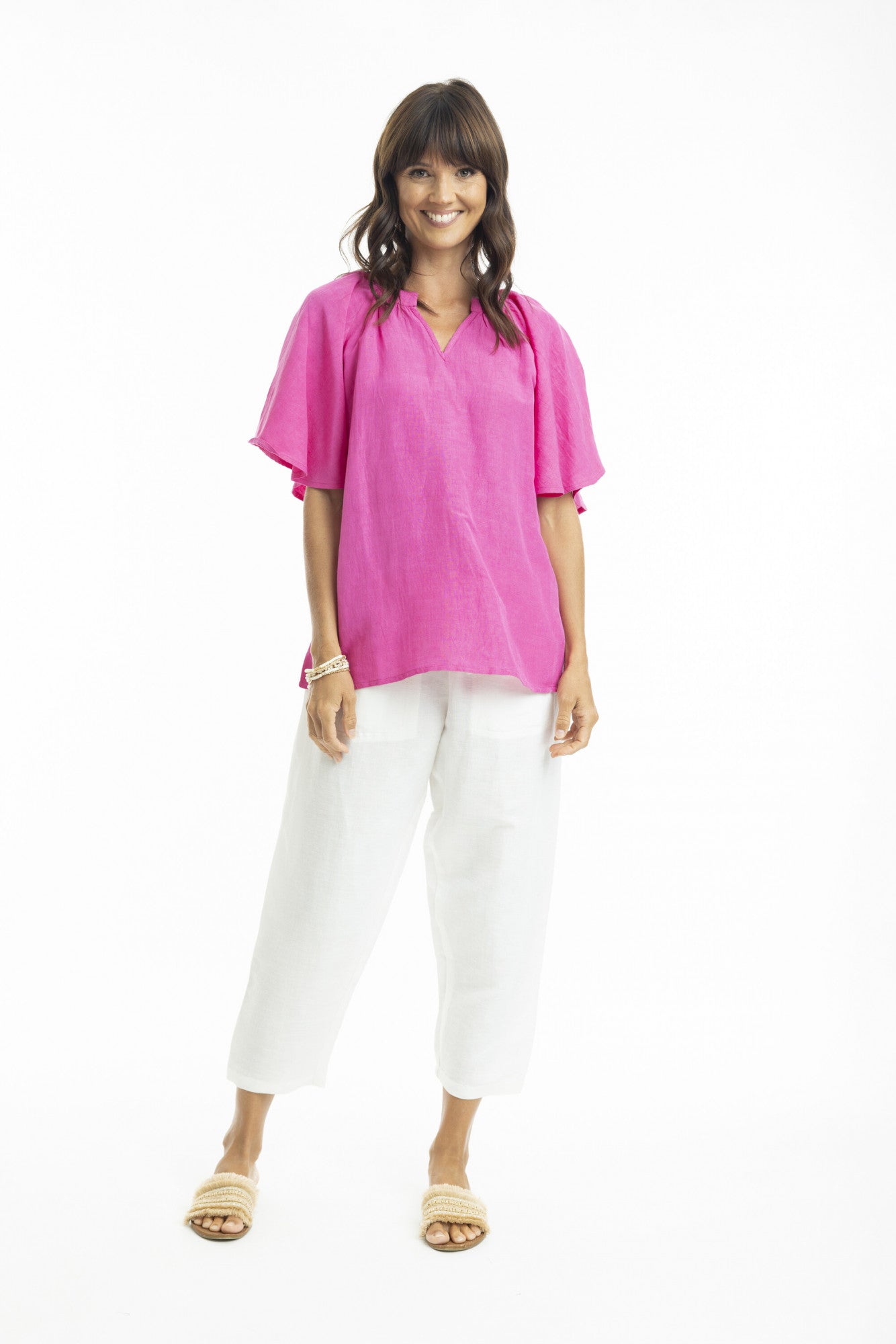 Orientique - Linen Mandarin Collar Top - Pink