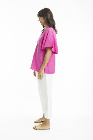 Orientique - Linen Mandarin Collar Top - Pink