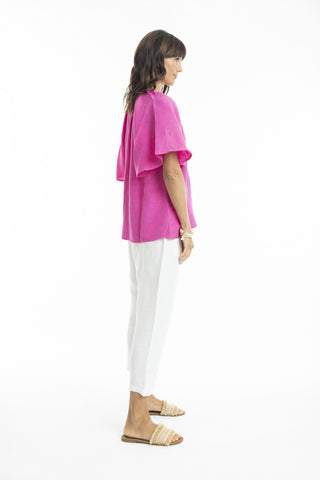 Orientique - Linen Mandarin Collar Top - Pink