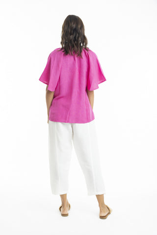 Orientique - Linen Mandarin Collar Top - Pink