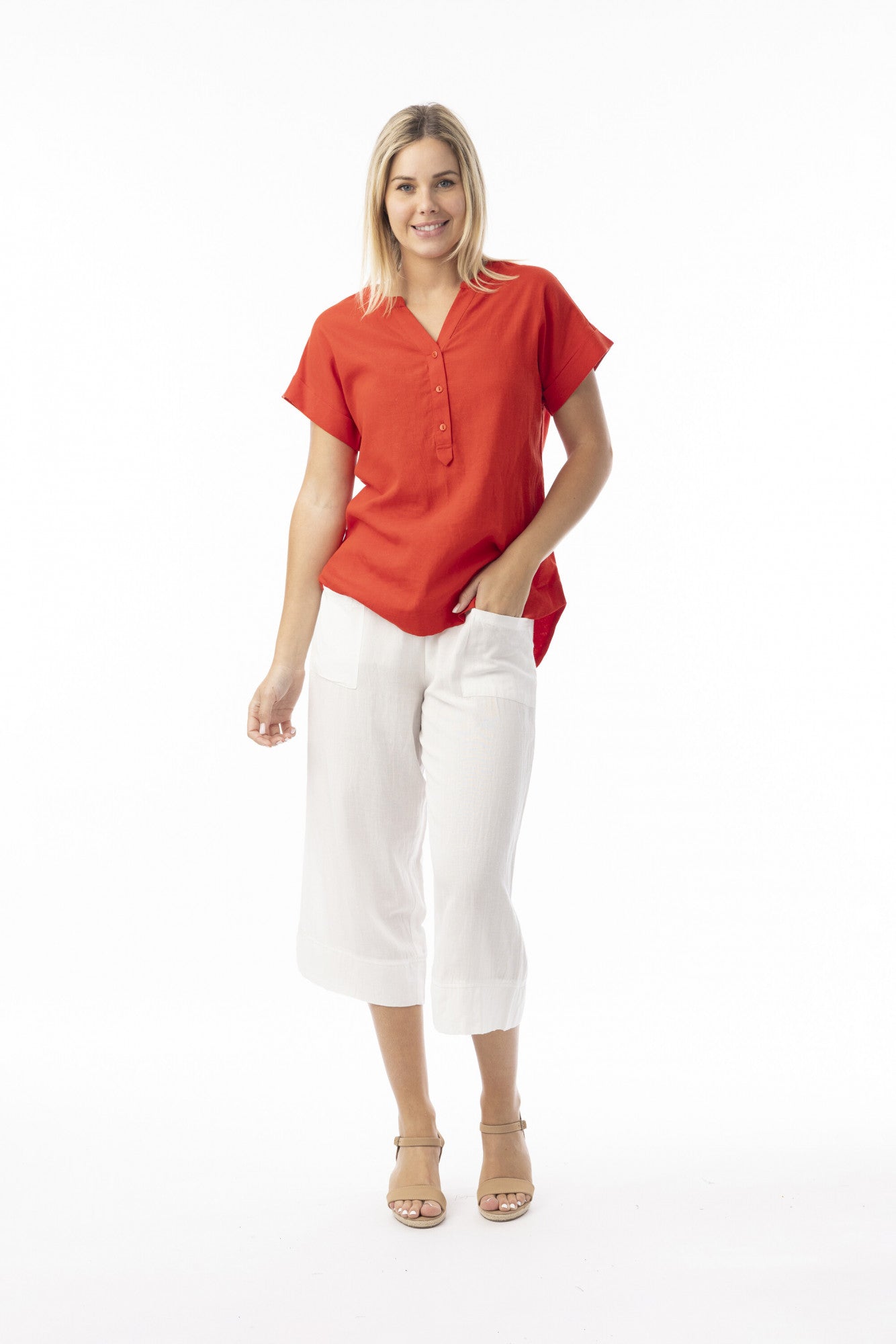 Orientique - Essentials Cotton Blend V Neck Top - Red