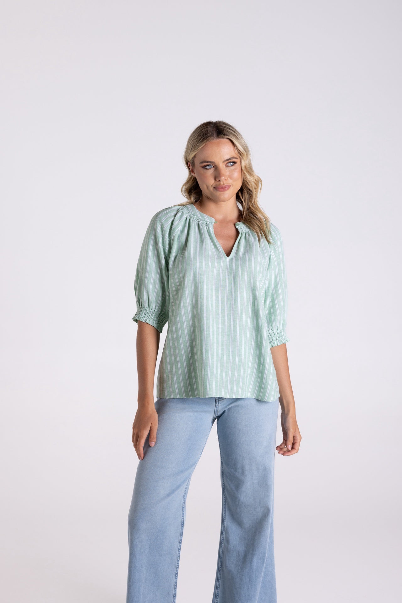 Two T's - Linen Viscose Stripe Top-Fern & White