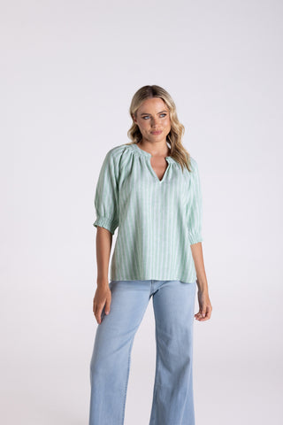 Two T's - Linen Viscose Stripe Top-Fern & White
