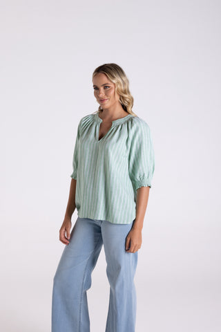 Two T's - Linen Viscose Stripe Top-Fern & White