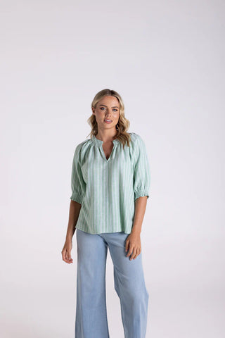 Two T's - Linen Viscose Stripe Top-Fern & White