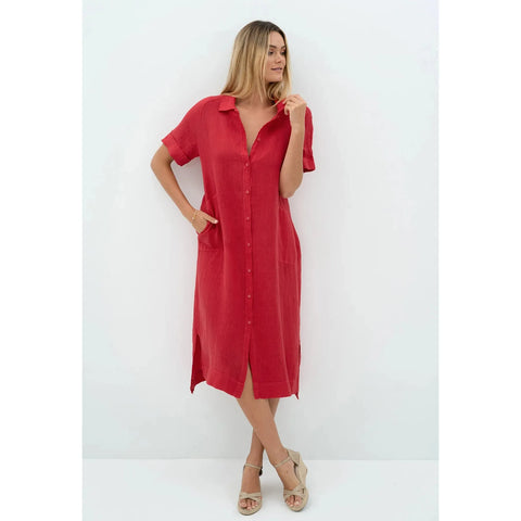 Humidity - Lucia French Linen Shirt Dress Pomegranate