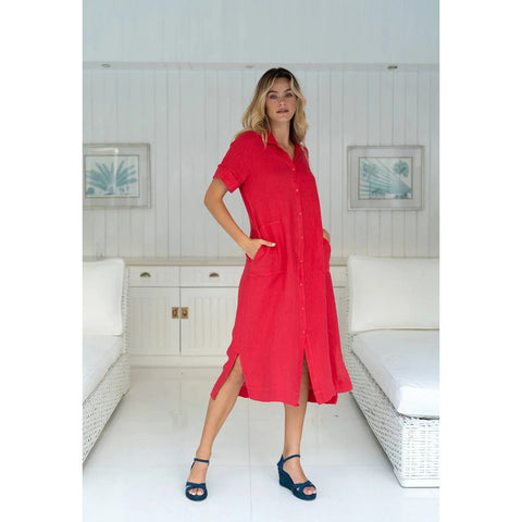 Humidity - Lucia French Linen Shirt Dress Pomegranate