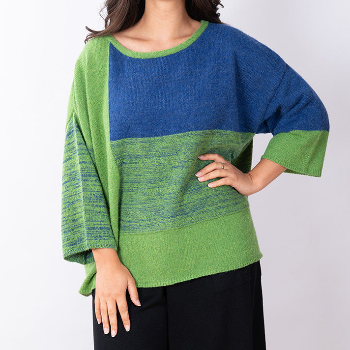 JJSisters - Wool Cotton Blend Intarsia Knit-Cobalt/ Lime