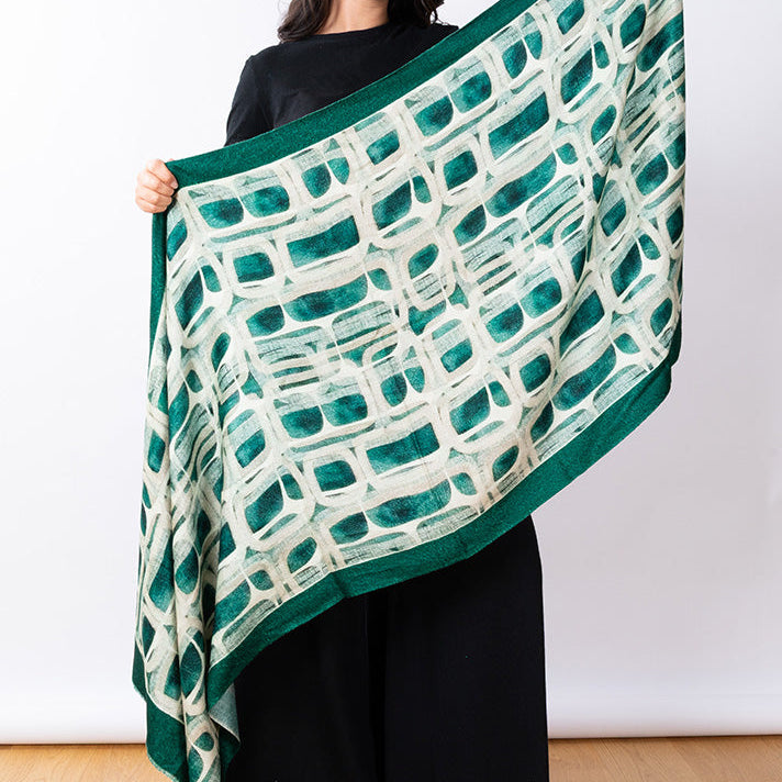 JJSisters - Wool/ Cotton Blend Thick Scarf-Geometric Emerald